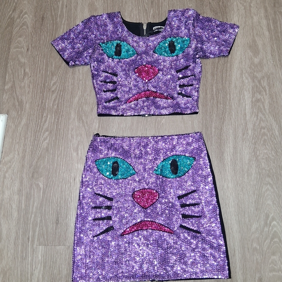 Vibrant Purple Cat Face Sequin Skirt Set
